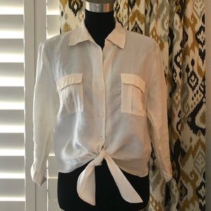 Linen and Silk Tie Waist Button-down shirt.